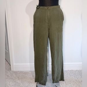 Lauren Ralph Lauren Olive Green 100% Silk Straight Leg Pants Size 4 28” Inseam